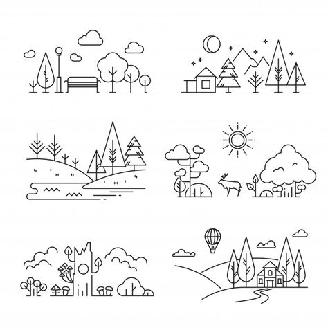 Nature landscape outline icons with tree... | Premium Vector #Freepik #vector #background Landscape Outline, Skitse Bog, Arte Doodle, Doodle Art Journals, 흑백 그림, Pola Sulam, Easy Doodles Drawings, Easy Doodle Art, 자수 디자인