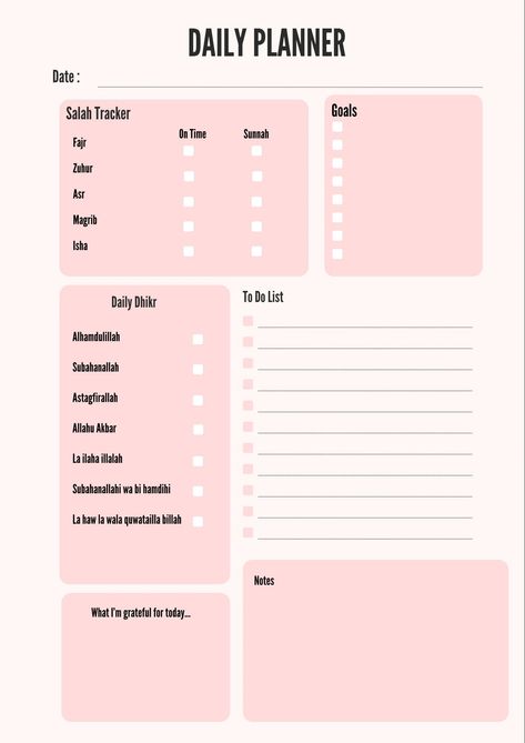 the daily planner is shown in pink Islamic Daily Planner, Islamic Planner, Free Weekly Planner Templates, Daily Planner Notebook, Planner Monthly Layout, Daily Planner Sheets, Daily Planner Printables Free, Weekly Planner Free Printable, Daily Routine Planner