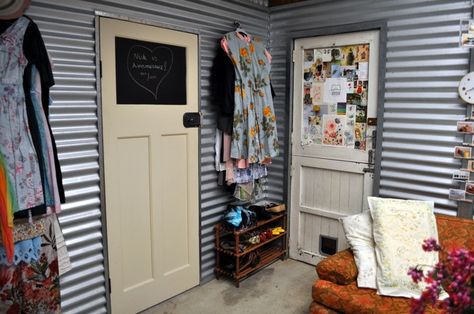 Corrugated Steel On Walls | corrugated metal walls | For the Home Coragated Metal, Corrugated Metal Walls, Wall Laundry Room, Colored Door, Corrugated Metal Wall, Metal Ideas, Porch Addition, Basement Inspiration, House Door