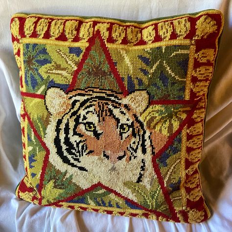 Vintage Tiger Needlepoint Pillow Decorative Green Velvet - Etsy Tiger Needlepoint, Tiger Pillow, Tiger Jungle, Tiger Decor, Vinyl Display, Vintage Tiger, Chevron Pillows, Needlepoint Pillow, Needlepoint Tapestry