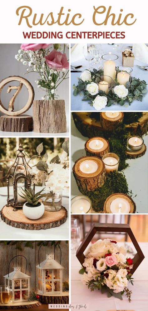 When planning a country-style wedding, you want to find simple and cheap rustic decorations that matches your theme but is still elegant enough to be part of the rehearsal dinners or wedding décor. In this blog post, you will find fresh ideas for rustic chic wedding centerpieces for spring and fall weddings that will help you set up a romantic rustic décor and turn your tables into amazing decor displays. Unique Rustic Centerpieces, Country Chic Wedding Centerpieces, Rustic Rehearsal Dinner Centerpieces, Small Wedding Centerpieces Rustic, Fall Centerpiece For Wedding, Chic Wedding Theme Ideas, Natural Centerpieces Simple, Rustic Bridal Shower Decorations Table Centerpieces, Diy Centre Pieces Wedding Rustic