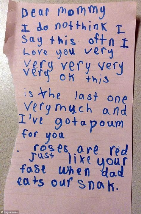 'Roses are red, just like your face when dad eats our snack': This kid's poem contains a unique - and rather telling - simile Valentines Day Sayings, Valentines Day Poems, Boyfriends Mom Gifts, Amazing Christmas Gifts, Diy Christmas Gifts For Family, Funny Letters, Kids Poems, Kids Valentines, Christmas Gifts For Boys