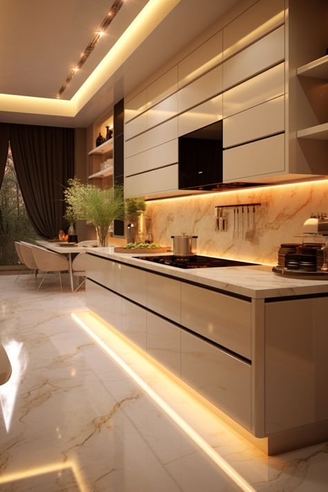 Transform your kitchen into a realm of luxury with cream marble and stylish neon lights, embodying a high-end and classy aesthetic Luxury Cream Kitchen, White Beige Kitchen Modern, Beige Colour Kitchen, Cream And Gold Kitchen, Beige And White Kitchen, Light Beige Kitchen, Champagne Kitchen, Kitchen Ideas Luxury, बेडरूम डिजाइन