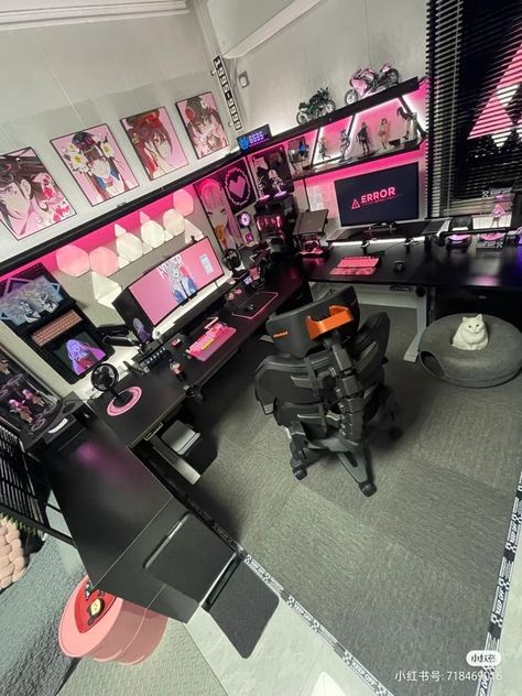 Game Room Aesthetic Dark, Pink And Black Pc Setup, Pink And Black Gaming Setup, Programmer Desk Setup, Black And Pink Gaming Setup, Goth Gaming Setup, Room Aesthetic Dark, Kuromi Room, Games Room Inspiration