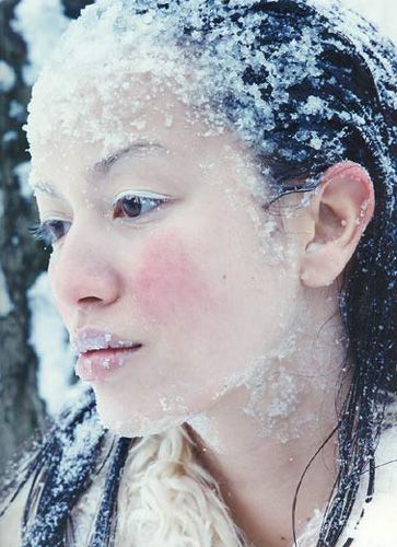 Winter: I'm not into the pink cheeks, but the rest is excellent.  I used eyelash glue to attach fake snow, plus I had highly gelled hair that I poured more 'snow' in. Snow Makeup, Ice Makeup, Ice Queen Makeup, Frozen Makeup, Alabaster Skin, Ice Hair, Special Makeup, Makeup Help, Pink Cheeks