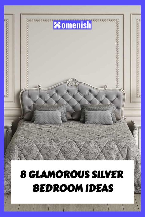 Silver is a powerful color visually characterized by a metallic shine that’s close to the color grey. This sleek hue is often associated with prestige and wealth. When used in interior design, silver typically portrays elegance in a much cooler fashion than gold or bronze. In fact, even the smallest bedrooms can be transformed into glamorous havens with a combination of grey, silver, and other attractive hues. Silver Bedroom Ideas, Silver Headboard, Bedroom Guide, Silver Wall Decor, Silver Bedroom, Feature Wall Bedroom, Relax Your Mind, White Headboard, Dark Furniture