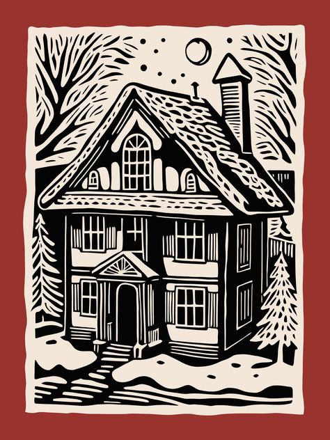 Winter House Linocut Art Print, Rustic Snowy Cabin Illustration, Retro Woodcut-Style Wall Art for Cozy Holiday Decor, Cottagecore Home Decor Cozy Poster Design, Cozy Illustration Art, House Linocut, Linocut Poster, Cabin Illustration, Printmaking Illustration, Cozy Holiday Decor, Woodcut Illustration, Snowy Cabin