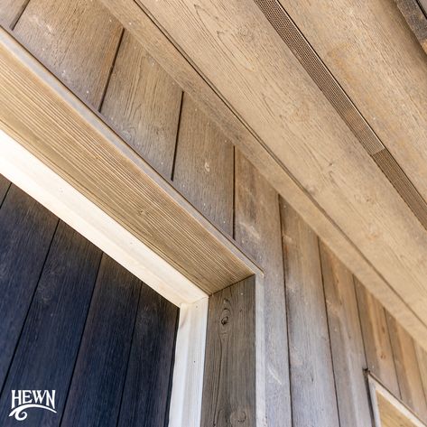 The beauty is in the details. "Stone Grey" cedar soffit and siding, along with "Graphite" cedar garage skins.  #hewn #hewnelements #soffit #cedarsiding Cedar Soffit Exterior, Soffit Exterior, Cedar Soffit, Garage Skins, Mound House, Cedar Paneling, Siding Ideas, Cedar Box, Cedar Siding