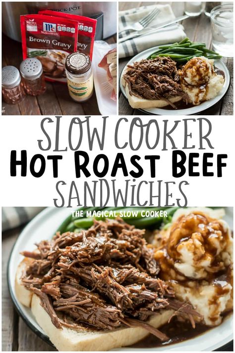 Slow Cooker Hot Roast Beef Sandwiches are an easy dump and go slow cooker recipe. The beef and gravy cook at the same time. Serve over bread and mashed potatoes on the side. - The Magical Slow Cooker #crockpot #slowcooker #hotbeefsandwiches #roastbeef #dumpandgo Crockpot Entrees, Crockpot Sandwiches, Beef Manhattan, Beef And Gravy, Crockpot Favorites, Hot Roast Beef Sandwiches, Roast Beef Sandwich Recipes, Hot Beef Sandwiches, Field Meals