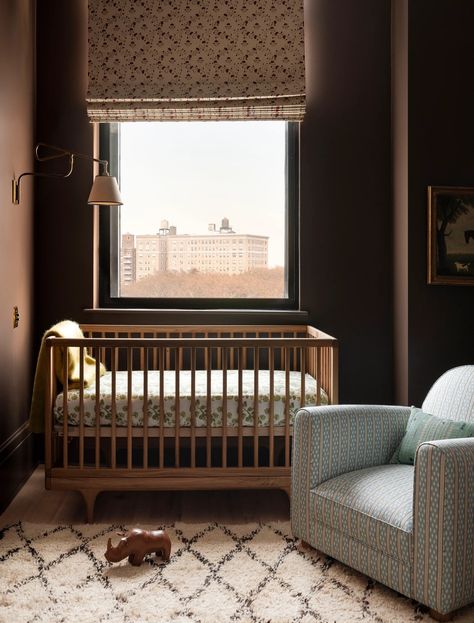 This Brooklyn Home Shows How Timeless Design Can Pack a Memorable Punch | Architectural Digest Nursery With Wooden Crib, Heidi Caillier Design, Fromental Wallpaper, Heidi Caillier, Wooden Crib, Striped Armchair, Stilnovo Chandelier, Wood Crib, Wooden Cribs