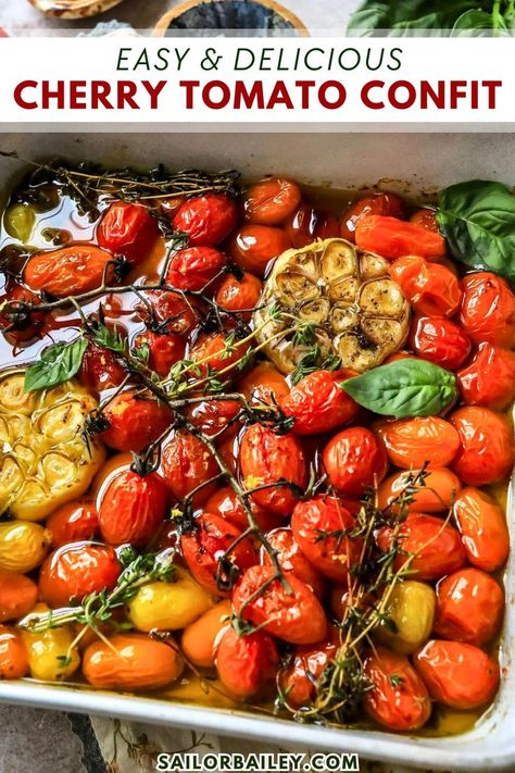 Savor the rich flavors of slow-cooked cherry tomato confit in extra virgin olive oil, fresh herbs, and aromatics. This recipe perfectly preserves the sweet, luscious flavor of fresh summer tomatoes so that you’ll have delicious tomatoes for months. It's great for a delicious dip, healthy snack, or crowd-pleasing appetizer! Serve it with flatbread, toast, or pasta! Tomato Preserves Recipe, Cherry Tomato Appetizers, Cherry Tomato Confit, Tomato Side Dishes, Tomato Appetizers, Dip Healthy, Tomato Confit, Confit Recipes, Cherry Tomato Recipes