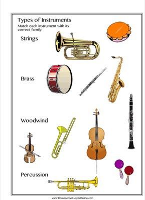 Use this instrument families worksheet to help your student learn to identify which instruments belong to the strings, woodwind, percussion, and brass families.  We also have a free orchestra lapbook. Free Music Worksheets, Preschool Music Activities, Instrument Families, Kindergarten Music, High School Music, Music Teaching Resources, Elementary Music Class, Homeschool Music, Music Lessons For Kids