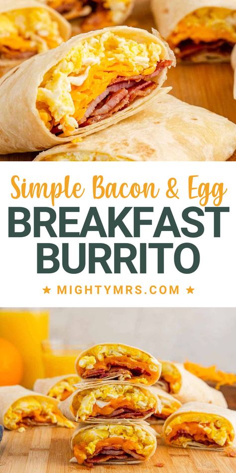 This simple bacon and egg breakfast burrito is perfect for busy mornings. It is super simple to prep and a great make-ahead breakfast that you can heat and go. These burritos are made with bacon, egg and cheese but can easily be customized, Skip the fast food line and make your own burritos, saving you money and time. Breakfasts On The Go Make Ahead, Starbucks Breakfast Burrito, Easy Breakfast Burritos Simple, Breakfast Ideas With Eggs And Bacon, Breakfast Ideas With Bacon, Bacon Breakfast Burritos, Breakfast Ideas Bacon, Breakfast Bacon And Eggs, Breakfast Burritos Easy