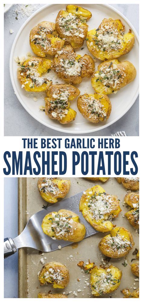 These garlic herb smashed potatoes with a crispy exterior and buttery interior are the perfect side for all your upcoming gatherings. Freshly grated parmesan and fresh thyme really take this easy recipe to the next level! Add red pepper flakes for a kick of heat. #sidedishes #holidaysides #christmasdinner #potatoes #smashedpotatoes #herbgarlic #potatorecipe Smashed New Potatoes, Smash Potatoes, Smashed Potatoes Baked, Smashed Red Potatoes, Garlic Smashed Potatoes, Herbed Potatoes, Smashed Potatoes Recipe, Garlic Red Potatoes, Crispy Smashed Potatoes