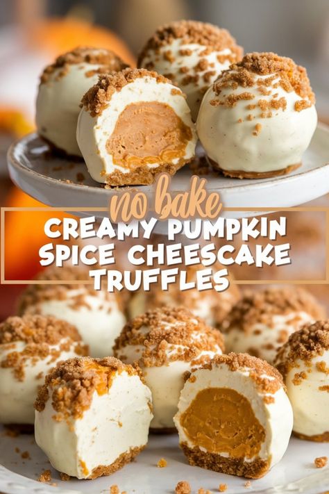 Creamy pumpkin spice cheesecake truffles on a plate, with one truffle cut open to show the filling. Pumpkin Cream Cheese Truffles, Pumpkin Cheesecake Fudge, Pumpkin Christmas Dessert, Pumpkin And Cream Cheese Recipes, Squash Cheesecake, No Bake Pumpkin Desserts, Cheesecake Cheeseball, Cheesecake Bites No Bake, Pumpkin Cheesecake Truffles