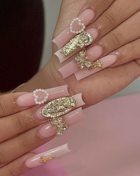 San Judas Nails, Virgencita Nails, Quinceanera Nails, Girly Acrylic Nails, Long Acrylic Nails Coffin, Long Square Acrylic Nails, Canvas Painting Diy, Pink Acrylic Nails, Acrylic Nails Coffin