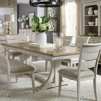 Our selection of dining room tables and counter height tables. White Dining Set, Upholstered Dining Bench, Mom Kitchen, Classy Bedroom, Room Styles, Chalk Painting, Trestle Dining Tables, 7 Piece Dining Set, Trestle Table