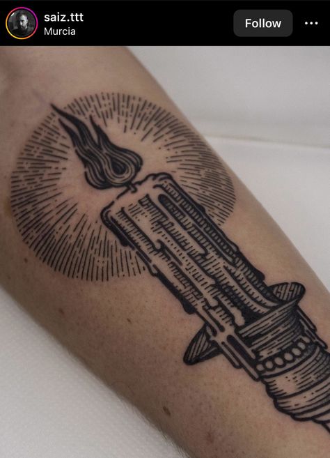 Candlestick Tattoo, Arm Patchwork, Gothic Tattoos, Etching Tattoo, Woodcut Tattoo, Medieval Tattoo, Engraving Tattoo, Candle Tattoo, Sick Tattoo