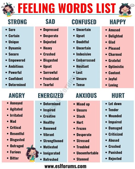 Feeling Words: Useful Words to Describe Feelings and Emotions - ESL Forums Words To Describe Emotions, Emotion Words Feelings, Words To Describe Emotions Feelings, How To Describe Feelings In Writing, Words To Describe Feelings, Feelings Vocabulary English, Describing Feelings, Emotions Writing, Feeling Words