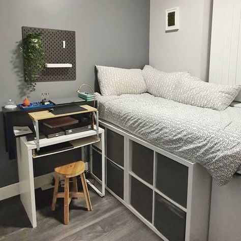 Ikea Kallax Bed, Kallax Bed, Ikea Bed Frame, Bed Frame Hack, Ikea Storage Bed, Space Saver Bed, Ikea Bed Frames, Ikea Hack Bedroom, Ikea Bed Hack