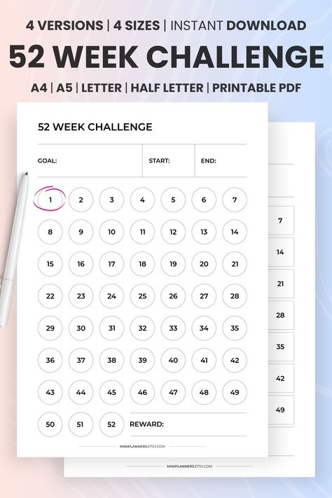 🎁 SPECIAL OFFER 🎁 Add two products to the cart and get a 60% discount. Welcome to MiniPlanners! Take Control of Your Days, Achieve Your Goals 🚀 -------------------------------------------------------------------- 👉 SEE OUR OTHER PRODUCTS 👈 https://www.etsy.com/shop/miniplanners/ #52WeekChallenge #52WeekSavingChallenge #52WeekMoneyChallenge #52WeekFitnessChallenge #52WeekHealthChallenge #52WeekSelfCareChallenge #52WeekReadingChallenge #52WeekProductivityChallenge #52WeekChallengeIdeas Habit Tracker Printable Monthly, 52 Week Money Challenge, Pill Reminder, 52 Week Challenge, 52 Week Savings Challenge, Quarterly Planner, Weekly Schedule Printable, 365 Day Challenge, Habit Tracker Bullet Journal