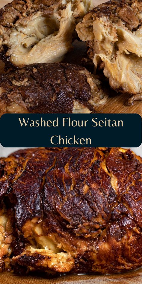 This is flour washed seitan that is juicy, shreddy, meaty, high protein goodness. Made with just flour and water- with lots of seasonings. This recipe has you wash out the starch from a ball of dough leaving you with wheat protien. From there you season it, fry it, then simmer it. The result is a juicy, shredy, meaty seitan. Making seitan this way is easier to digest with no vital wheat gluten flavor. Use it like chicken- bread it for tenders, shred it for soup, fry it up with some rice Washed Flour Seitan Recipes, Washed Flour Chicken, Seitan Fried Chicken, Vital Wheat Gluten Chicken, Chicken Seitan Recipes, Washed Flour Seitan, Seitan Chicken Recipes, Seiten Recipes, Vital Wheat Gluten Recipes