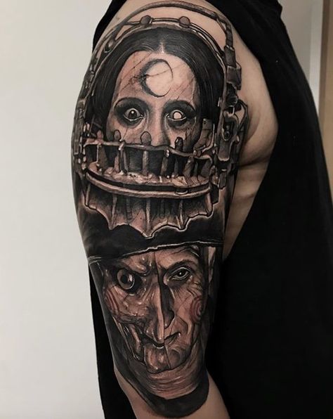 Insane #tattoo done by #fkironsproteam @anrijsstraume #fkirons #tattooartist Jigsaw Tattoo Design, Anrijs Straume, Jigsaw Tattoo, Unique Half Sleeve Tattoos, All Seeing Eye Tattoo, Horror Tattoos, Wicked Art, Horror Movie Tattoos, Castle Tattoo