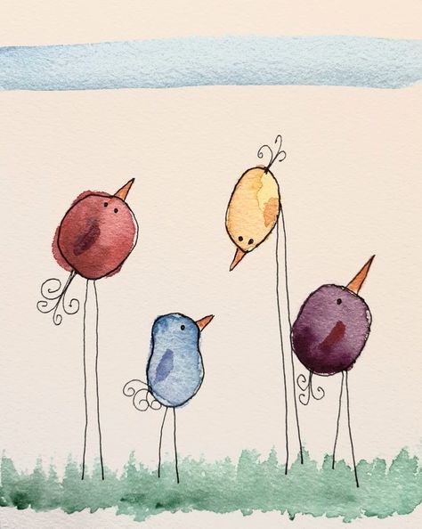 Paint On Boards Ideas, Making Watercolor Cards, Whimsical Bird Art Watercolors, Watercolor Outlined In Pen, Water Colour For Beginner, Whimsical Birds Drawing, Beginner Water Coloring Ideas, Water Colour Card Ideas, Water Colour Painting For Kids