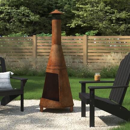 Sand & Stable Tide Outdoor Backyard Steel Wood Burning Chiminea & Reviews | Wayfair Resort Backyard Ideas, Simple Outdoor Fireplace, Fire Pit With Chimney, Chiminea Fire Pit, Metalworking Projects, Outdoor Wood Burning Fireplace, Patio Daybed, Farmhouse Outdoor, Farmhouse Outdoor Decor