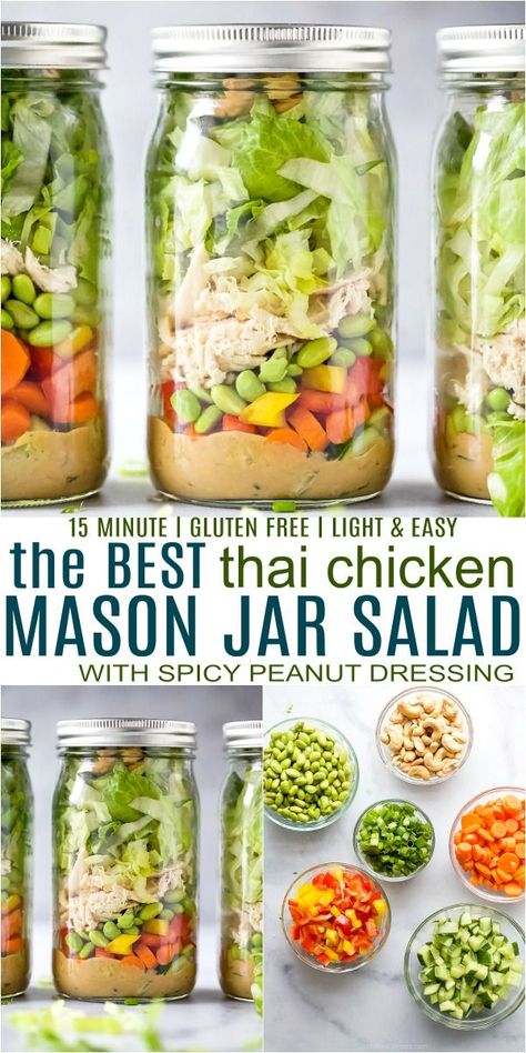 Chicken Mason Jar Salad, Easy Thai Chicken, Spicy Peanut Dressing, Lunch For The Week, Make Ahead Lunch, Mason Jar Lunch, Salad Jar Recipe, Thai Chicken Salad, Jar Salad