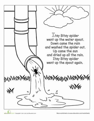 Preschool Fairy Tales Nursery Rhymes Worksheets: The Itsy Bitsy Spider: Rhyme Coloring Page Nursery Rhymes Worksheets, Rhyming Preschool, Nursery Rhyme Crafts, The Itsy Bitsy Spider, Nursery Rhymes Preschool, Nursery Rhyme Theme, Spider Theme, Nursery Rhymes Activities, Rhyming Activities