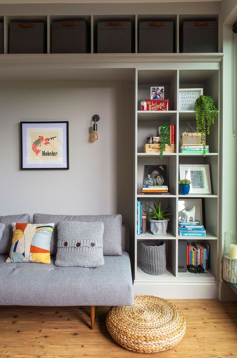 Very Small Snug Room Ideas, Small Box Room Storage Ideas, Spare Room With Sofa Bed Ideas, Box Room Playroom Ideas, Box Room Library, Small Rumpus Room, Storage Spare Room, Single Bedroom Storage Ideas, Storage Around Sofa