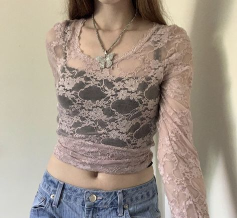 Lace Shirt Outfit Aesthetic, Fae Aesthetic Clothes, Pink Lace Long Sleeve Top, Lace Shirt Outfit, Classy Trendy Outfits, Pink Top Outfit, Lace Undershirt, Pink Mesh Top, Long Sleeve Top Outfit