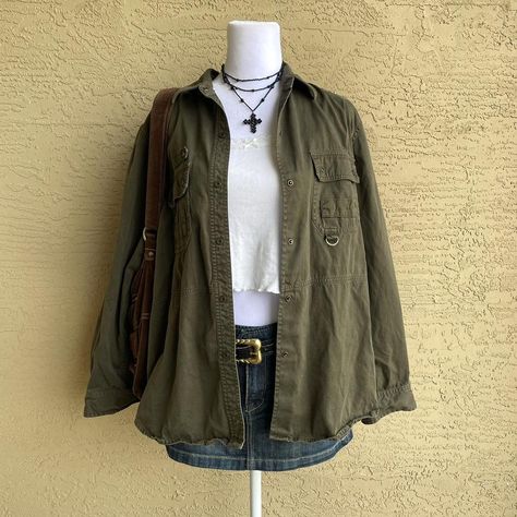 Cargo Grunge Shirt Chore Jacket Button Up Boho Green... - Depop Dark Green Button Up Shirt Outfit, Green Cargo Jacket Outfit, Dark Green Jacket Outfit, Green Button Up Outfit, Cargo Jacket Outfit, Grunge Outfits Women, Green Jacket Outfit, Inspi Outfit, Granola Style