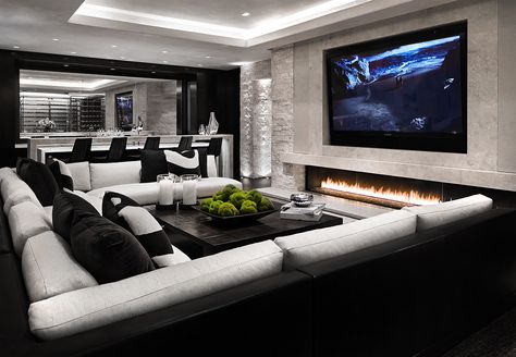 Gorgeous Black and white Luxury media room home theater decor with black and white sectional  #black #decor #gorgeous #homemovietheater #luxury #media #theater #white Luxury Living Room Inspiration, Home Theater Room Design, Theater Room Design, Media Room Design, White Sectional, Home Cinema Room, Home Theater Decor, Home Theater Rooms, Home Theater Design