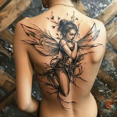 Shoulder Celestial Tattoo, Feminine Fairy Tattoos, Dark Whimsical Tattoo, Water Fairy Tattoo, Pixie Tattoo Fairy, Fairy And Moon Tattoo, Woodland Fairy Tattoo, Dark Fairy Tattoo Designs, Faerie Tattoos