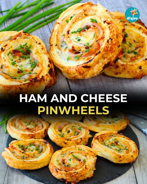 These ham and cheese pinwheels are cheesy, savory, and delicious! They are easy to prepare and ready in just a few minutes. Ham And Cheese Puff Pastry Wheels, Puffed Pastry Ham And Cheese, Ham Pinwheel Recipes, Ham And Cheese Pinwheels Tortilla, Ham And Turkey Pinwheels, Ham And Cheese Pinwheels Puff Pastry, Ham Pinwheels Cream Cheese, Ham And Cheese Puff Pastry Pinwheels, Pinwheels Puff Pastry