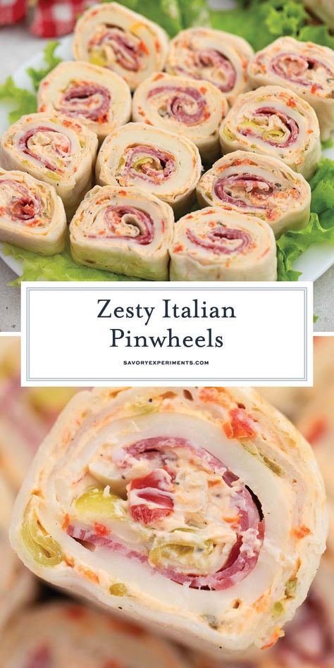 These Italian pinwheels have all the flavors or an italian sub wrapped up into the perfect appetizer! Great for parties or a game day snack! Pinwheels For Party, Italian Pin Wheel Recipes, Essen, Italian Rollups Appetizers, Italian Pinwheel Sandwiches, Pinwheel Recipes Italian, Italian Tortilla Pinwheels, Good Party Appetizers, Mediterranean Pinwheel Appetizers