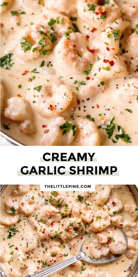 White Wine Shrimp, Easy Garlic Shrimp, Creamy Garlic Shrimp Recipe, Creamy Garlic Shrimp, Easy Meals For One, Gourmet Chicken, Pine Kitchen, Veggie Noodles, Low Carb Soup