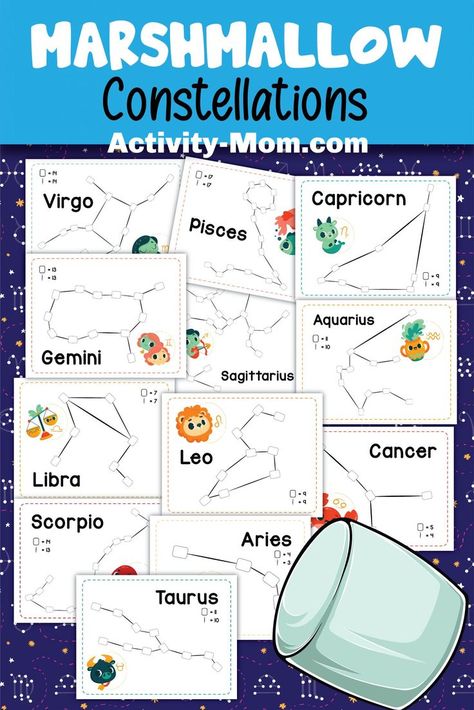 Make marshmallow constellations for kids. Free printable constellation craft. Constellation activities for kids. Constellations Craft, Marshmallow Constellations, Marshmallow Activities, Constellation Activities, Constellation Craft, Math Worksheets For Kids, Kindergarten Science Activities, Moon Science, Space Activities For Kids