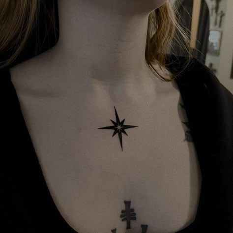 Midline Chest Tattoo, Traditional Sparkle Tattoo, 7 Stars Tattoo, Goth Star Tattoo, Chest Sparkle Tattoo, Ethereal Star Tattoo, Star Throat Tattoo, Stars On Chest Tattoo, Star On Chest Tattoo