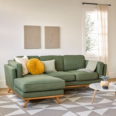 Green Sofa Living, Green Sofa Living Room, Mid Century Modern Sectional, Latest Sofa Designs, Linen Cushions, Green Couch, Fabric Sectional Sofas, Honey Oak, Sofa Set Designs