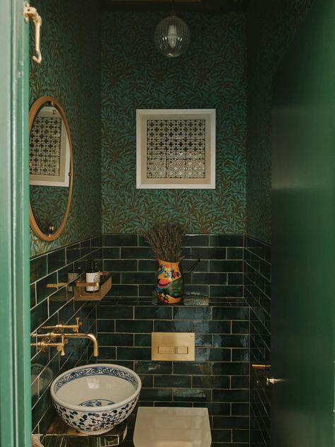 Downstairs toilet ideas: how to design a loo with character | House & Garden Cool Cloakroom Ideas, Small Tiled Toilet Room, Tiny Toilet Decor, Small Toilet Room Decor Ideas, Wallpaper In Toilet, Green Wallpaper Toilet, Cloakroom Tiles Downstairs Toilet, Little Toilet Ideas, Closet Toilet Ideas