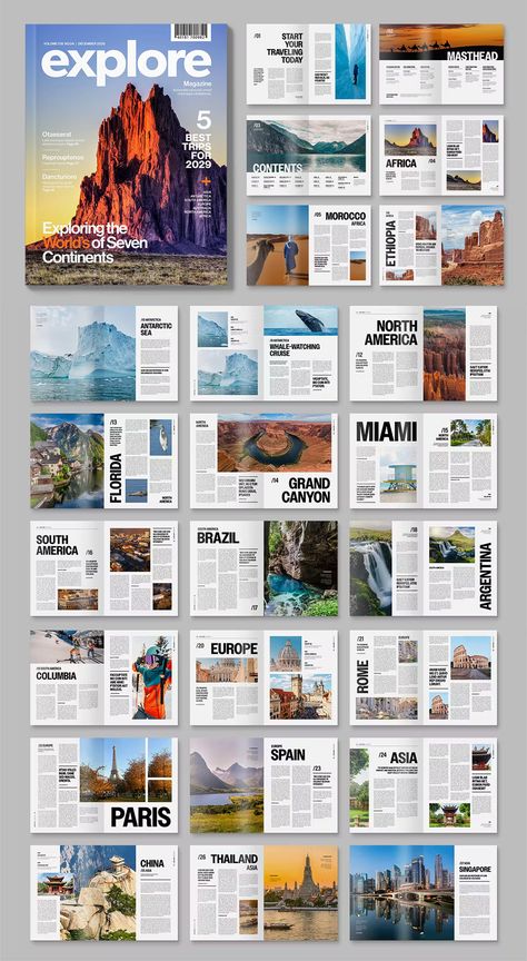 Modern Magazine Template INDD. Final printed size: US Letter. Layout Template Magazine, Magazine Last Page Design, Single Page Magazine Layout, Free Magazine Template, Magazine Articles Layout, Horizontal Magazine Layout, Magazine Contents Page Design, Modern Magazine Layout Design, Photography Magazine Layout