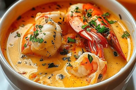 Seafood Bisque with Crab, Shrimp, and Lobster - cookefast.com Crab Shrimp Bisque Soup, Creamy Shrimp Bisque Soup, Seafood Bisque Soup, Seafood Bisque With Crab And Shrimp, Creamy Crab And Shrimp Seafood Bisque, Seafood Bisque Recipe Easy, Seafood Bisque Recipe, Lobster Soup, Lobster Bisque Recipe