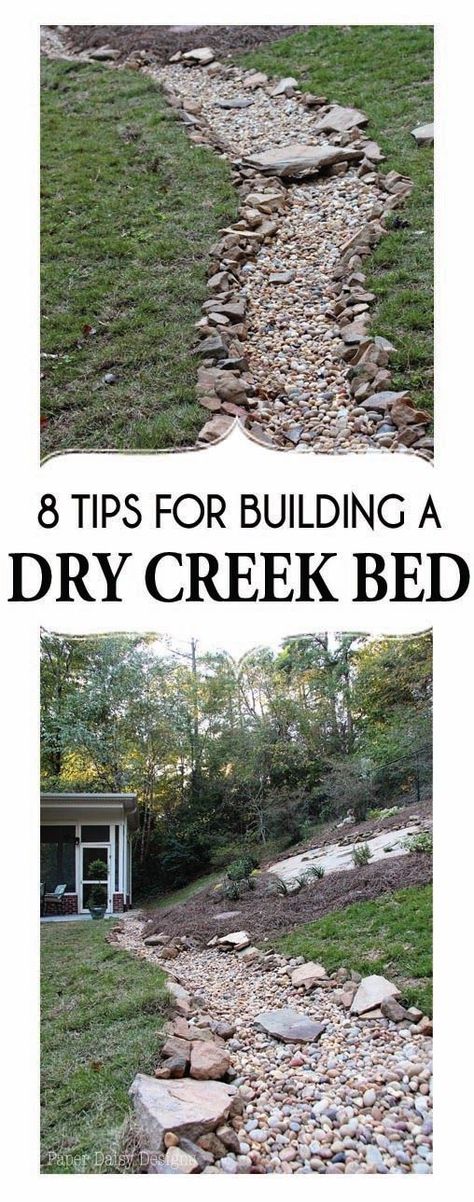 8 tips for creating & building a dry creek bed; DIY Dry Creek Bed Zen Landscaping, Backyard Drainage, Landscaping Rock, Yard Drainage, Shade Gardening, Stream Bed, Creek Bridge, Yard Diy, Dry Creek Bed