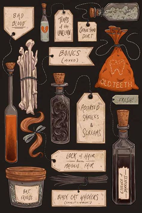 Personal work for Halloween - a collection of made up spooky potion ingredients. Citate Harry Potter, Image Halloween, Happy October, Halloween Illustration, Art Halloween, Witch Aesthetic, Witch Art, 판타지 아트, Story Highlights