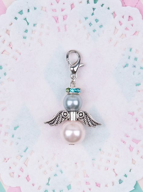 Guardian Angel Charm Antique Silver Rhinestones Pink & Silver-gray Glass Pearls Bracelet Charms Necklace Jewelry Supplies Projects Earrings by TreasureGalleria on Etsy Angel Purse Charms, Keyring Charms, Angel Guardian, Angel Charms, Dog Collar Charms, Angel Bracelet, Beaded Angels, Pearls Bracelet, Angel Charm