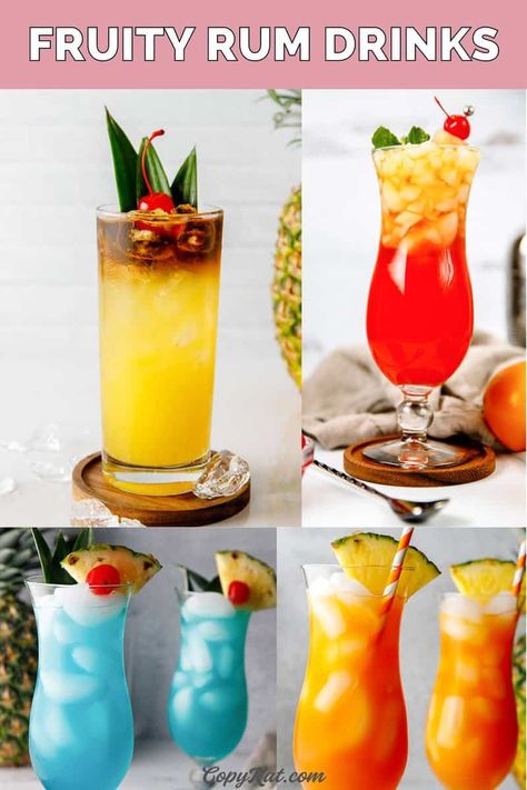 The best fruity drinks with rum! These rum cocktails are sweet, tropical, and perfect for a hot day or anytime you want to enjoy a tasty drink with rum. If you love sweet alcoholic drinks this list is for you! Get the recipes for the best rum drinks to make with simple ingredients. Drinks With Rum, Best Rum Drinks, Fruity Rum Drinks, Sweet Alcoholic Drinks, Rum Mixed Drinks, Fruity Mixed Drinks, Hawaiian Drinks, Drinks To Make, Rum Punch Recipes