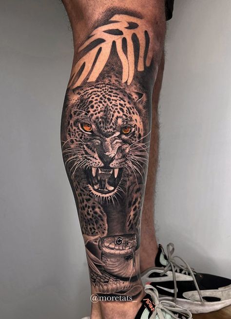 Animal Shin Tattoos For Women, Jungle Tattoos Men, Jaguar Tattoo Leg, Jungle Theme Leg Sleeve, Cheetah Tattoo Leg, Leopard Tattoo Leg, Leopard Tattoo On Leg, Animal Themed Tattoos, Leopard Forearm Tattoo